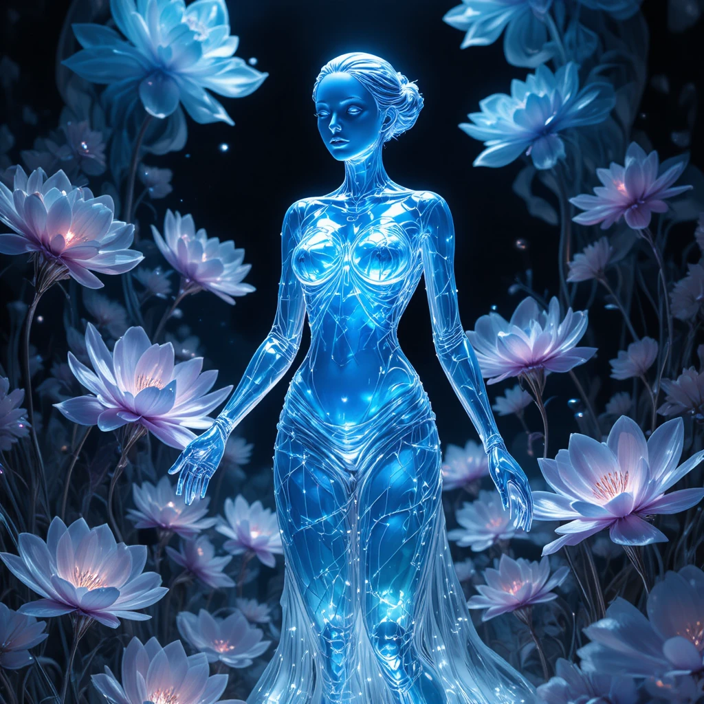 Crystal woman in ethereal floral dreamscape