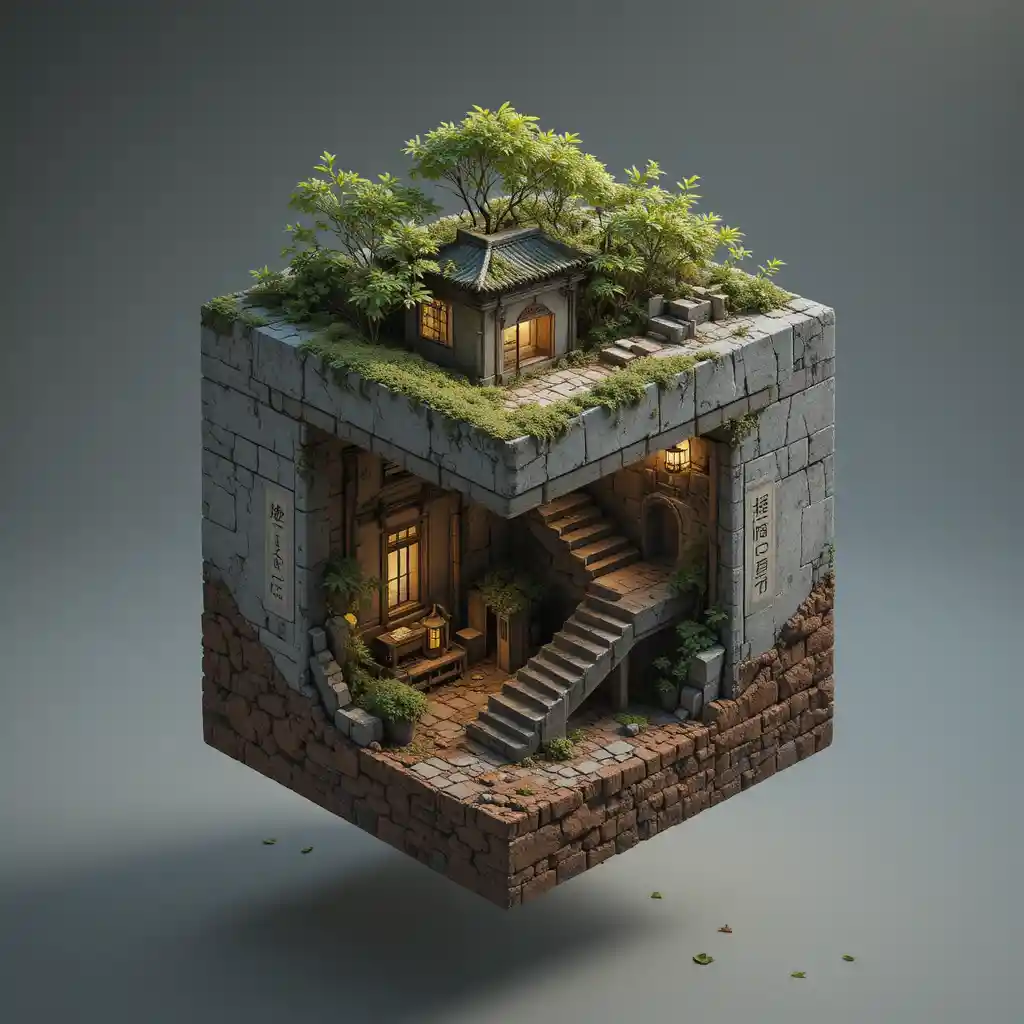 Isometric cube diorama of ancient bamboo covered ruins