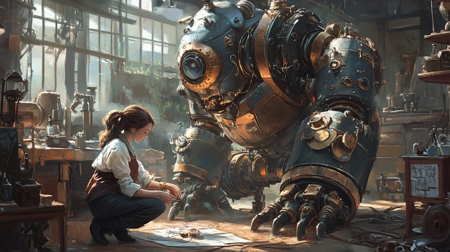 Steampunk robot kneeling in a chaotic inventor workshop