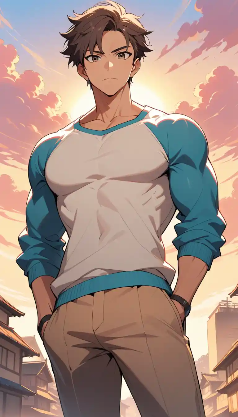 Confident young man at sunset in anime style