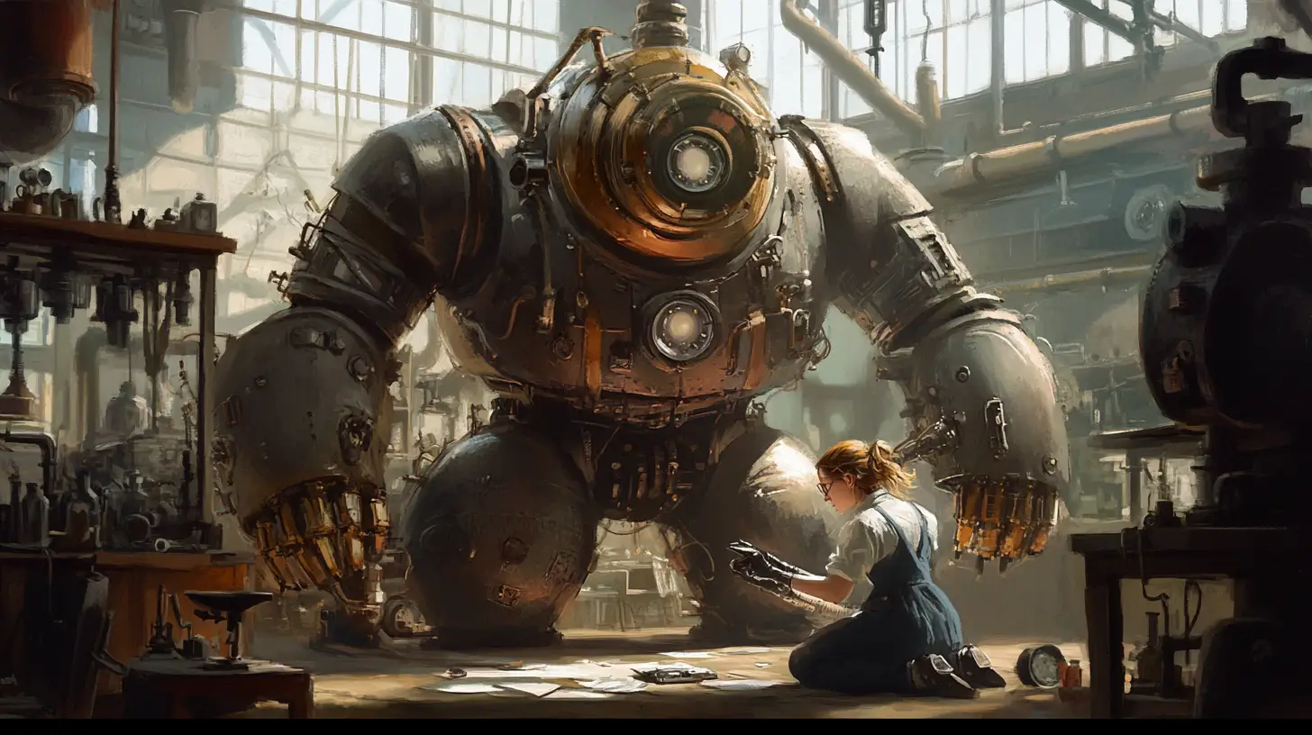 Steampunk robot and lab assistant in cluttered inventor workshop