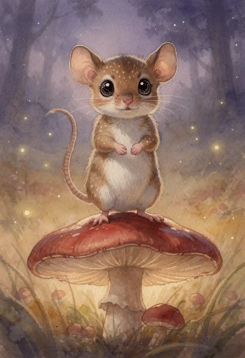 Whimsical watercolor mouse on a mushroom at twilight