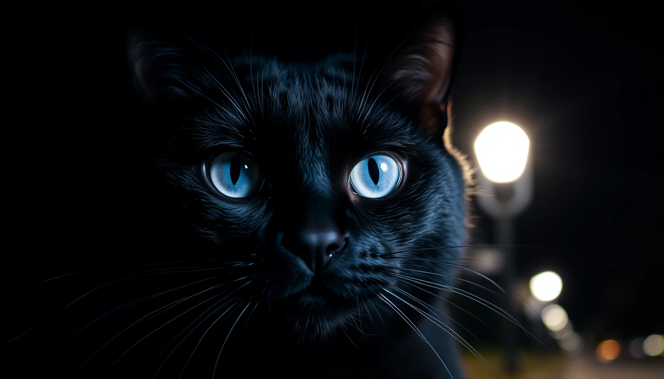 Primer plano de gato negro con vivos ojos azules de noche