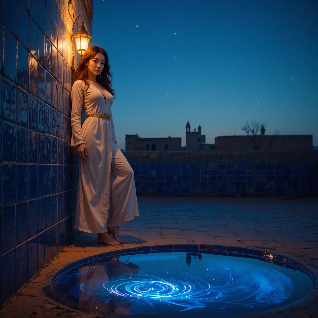 Giovane donna in djellaba color crema accanto a una parete di piastrelle cobalto
