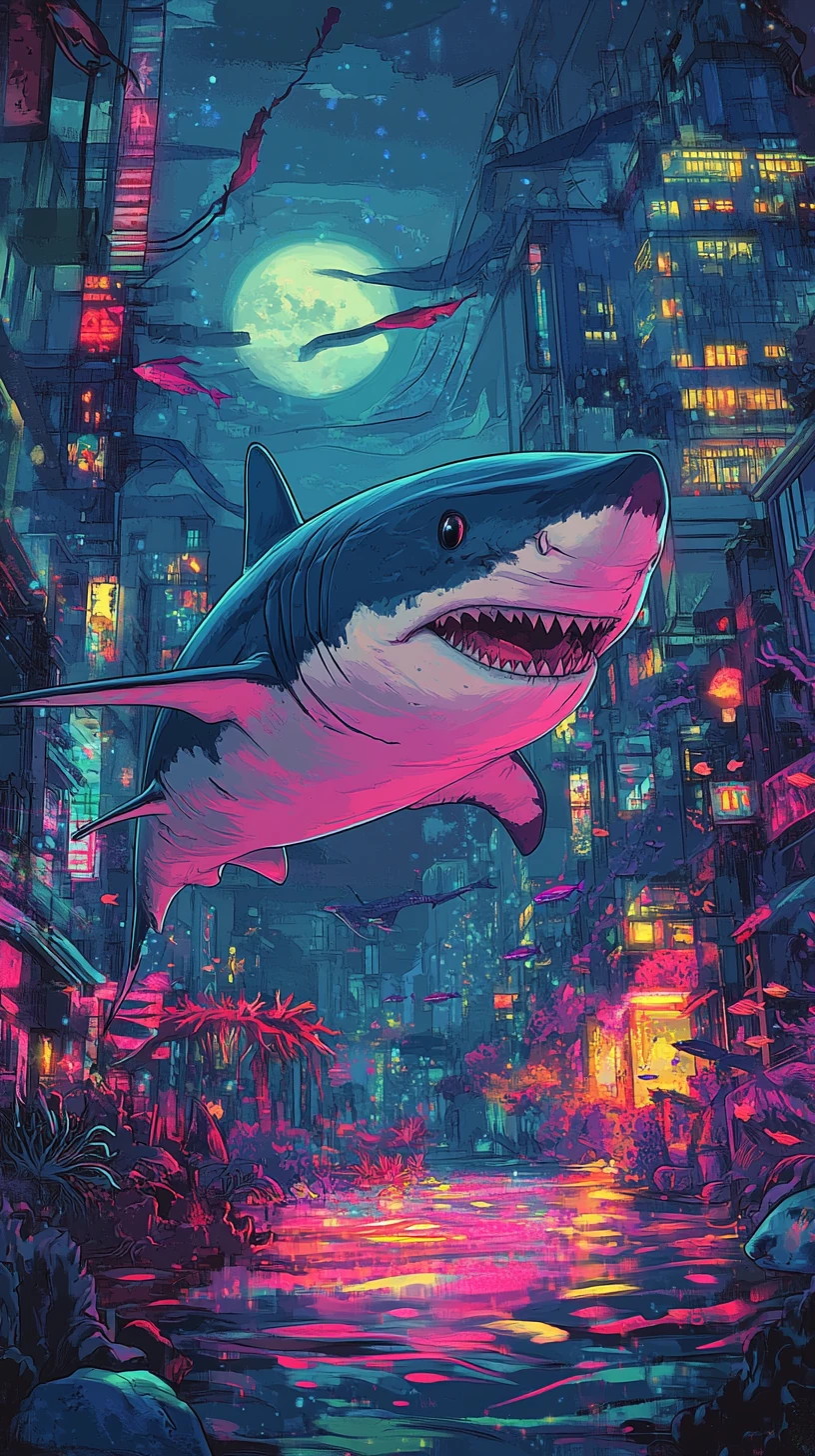 Tiburón neón deslizándose por una vibrante ciudad submarina