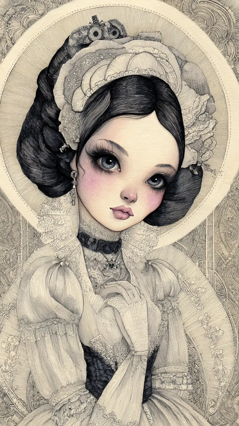 Gothic watercolor portrait of a porcelain eyed goddess