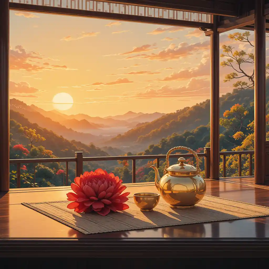 Ukiyo e tea ceremony with red peony in tranquil garden