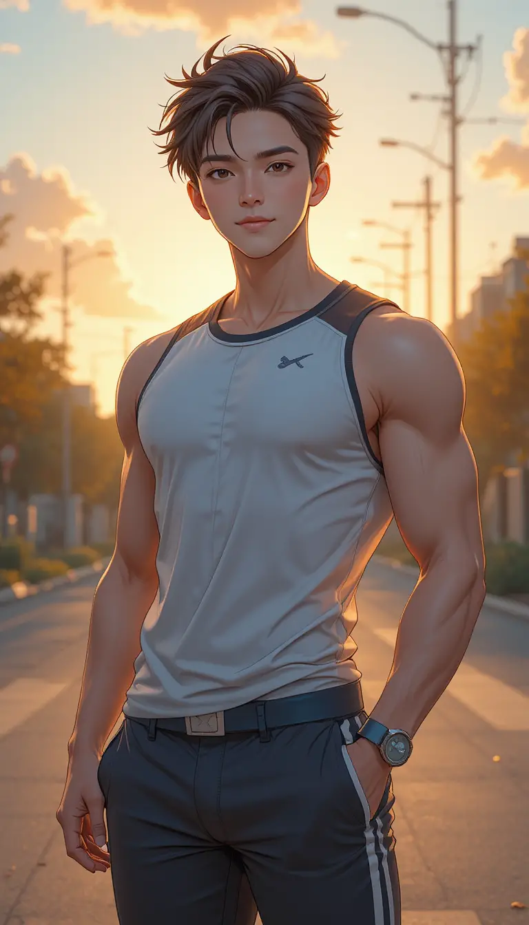 Hombre de anime de pie con confianza bajo la cálida luz del atardecer