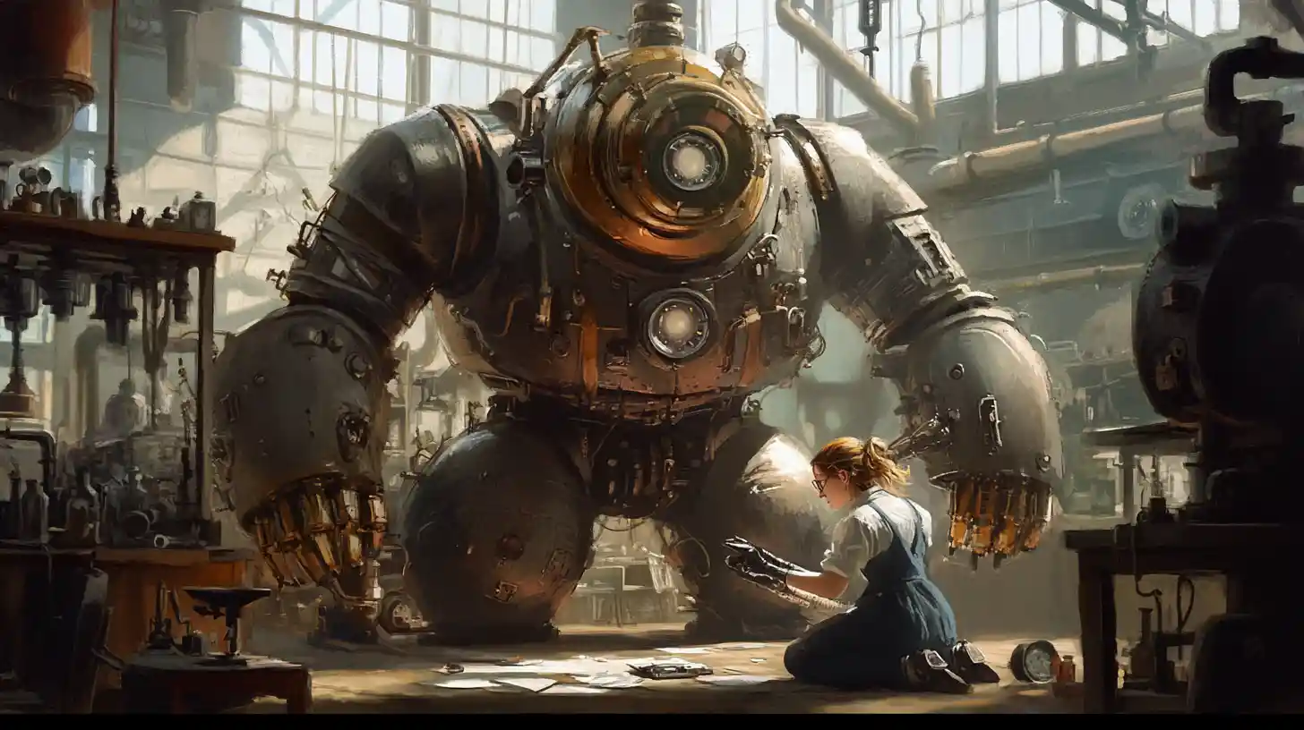 Steampunk robot and lab assistant in cluttered inventor workshop