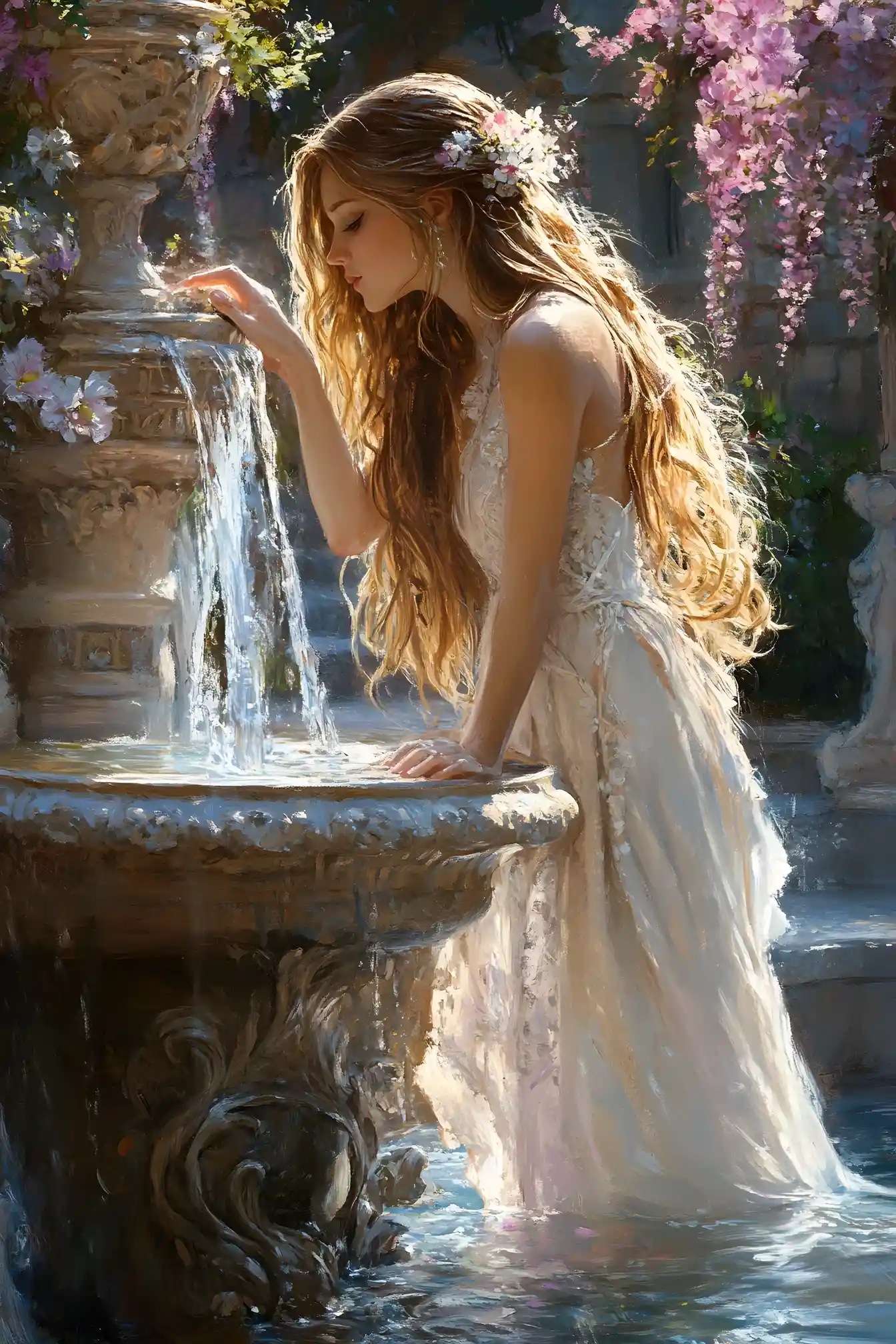 Golden haired woman drinking from a sunlit stone fountain