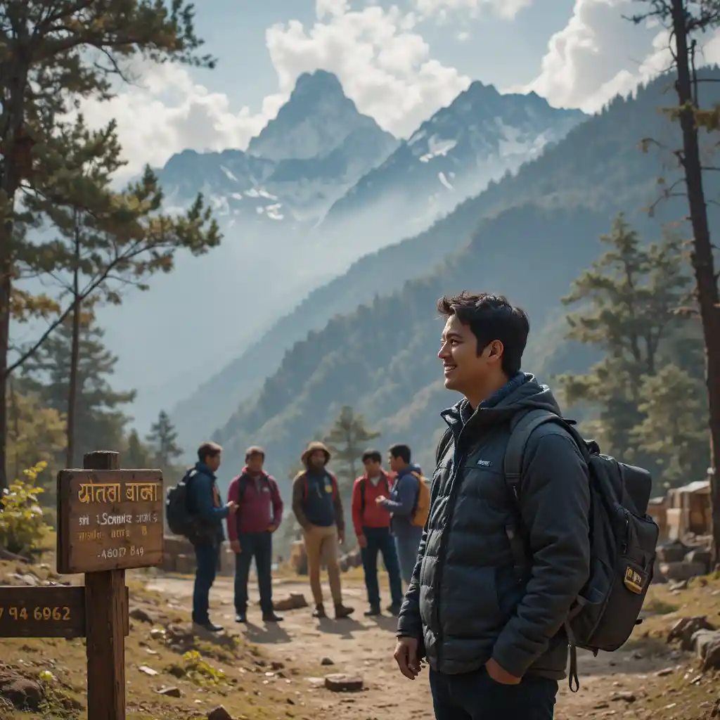 Tour guide with pilgrims in front of serene mountain landscape