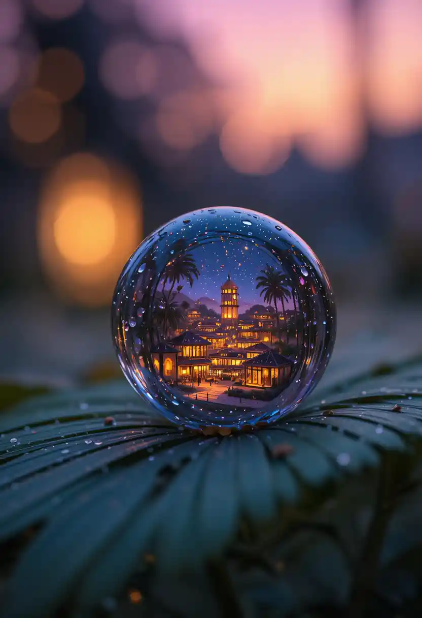 Goccia di rugiada macro su foglia di palma con minuscolo villaggio illuminato da lanterne