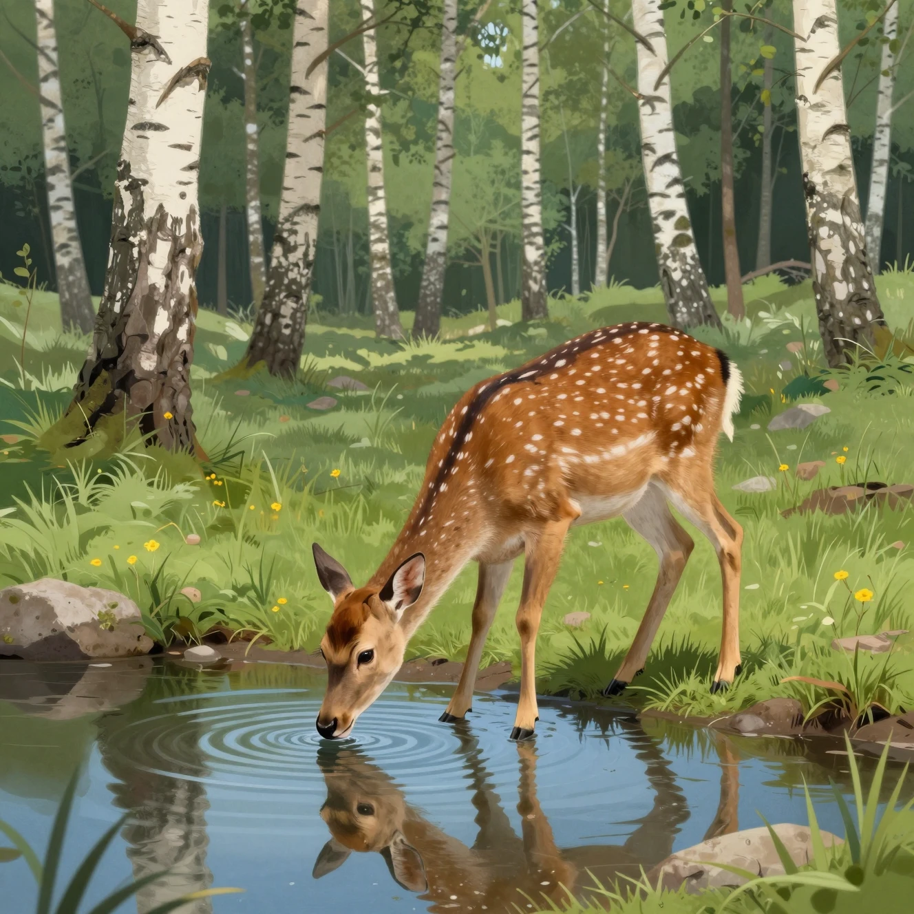 Cerf buvant à un ruisseau paisible dans une forêt de bouleaux