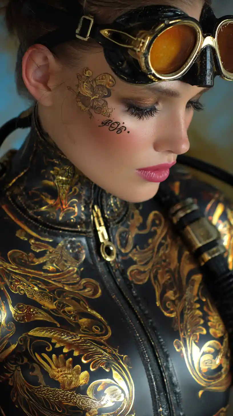 Glamorous scuba woman in ornate gold dive gear underwater