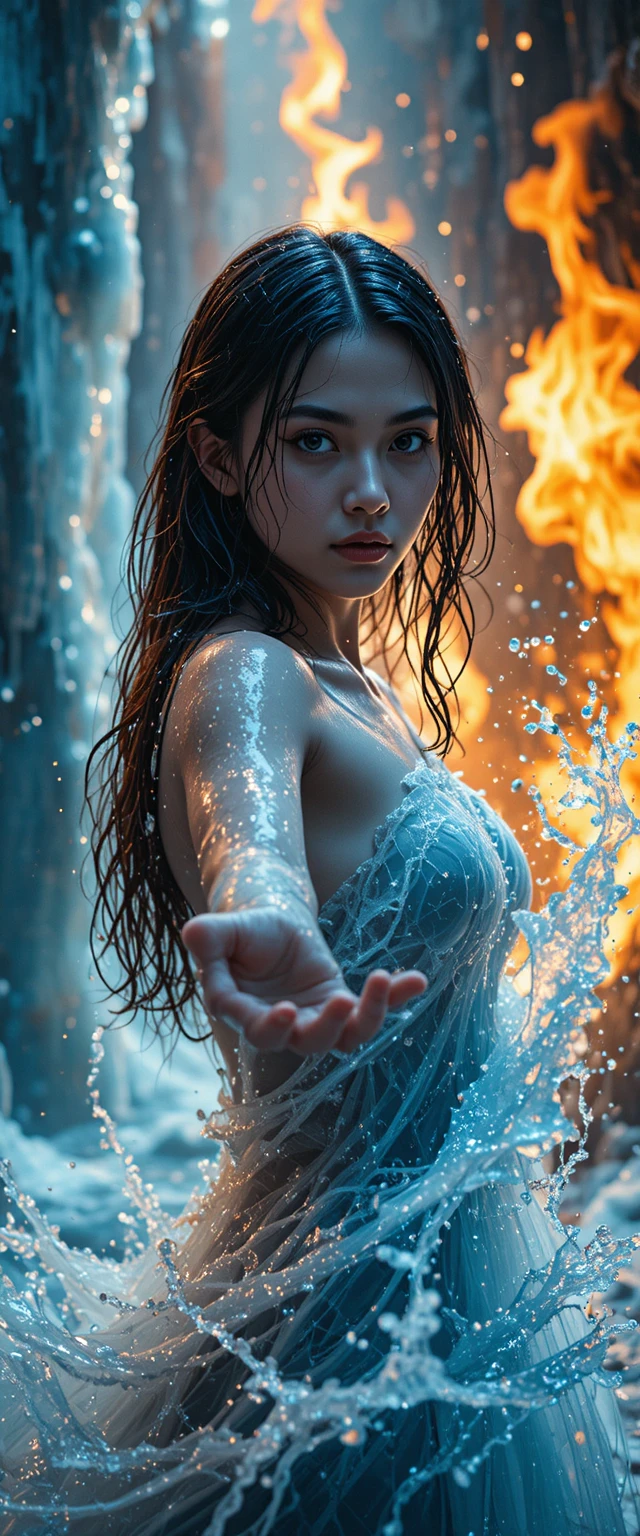 Young woman commanding water and fire in cinematic portrait