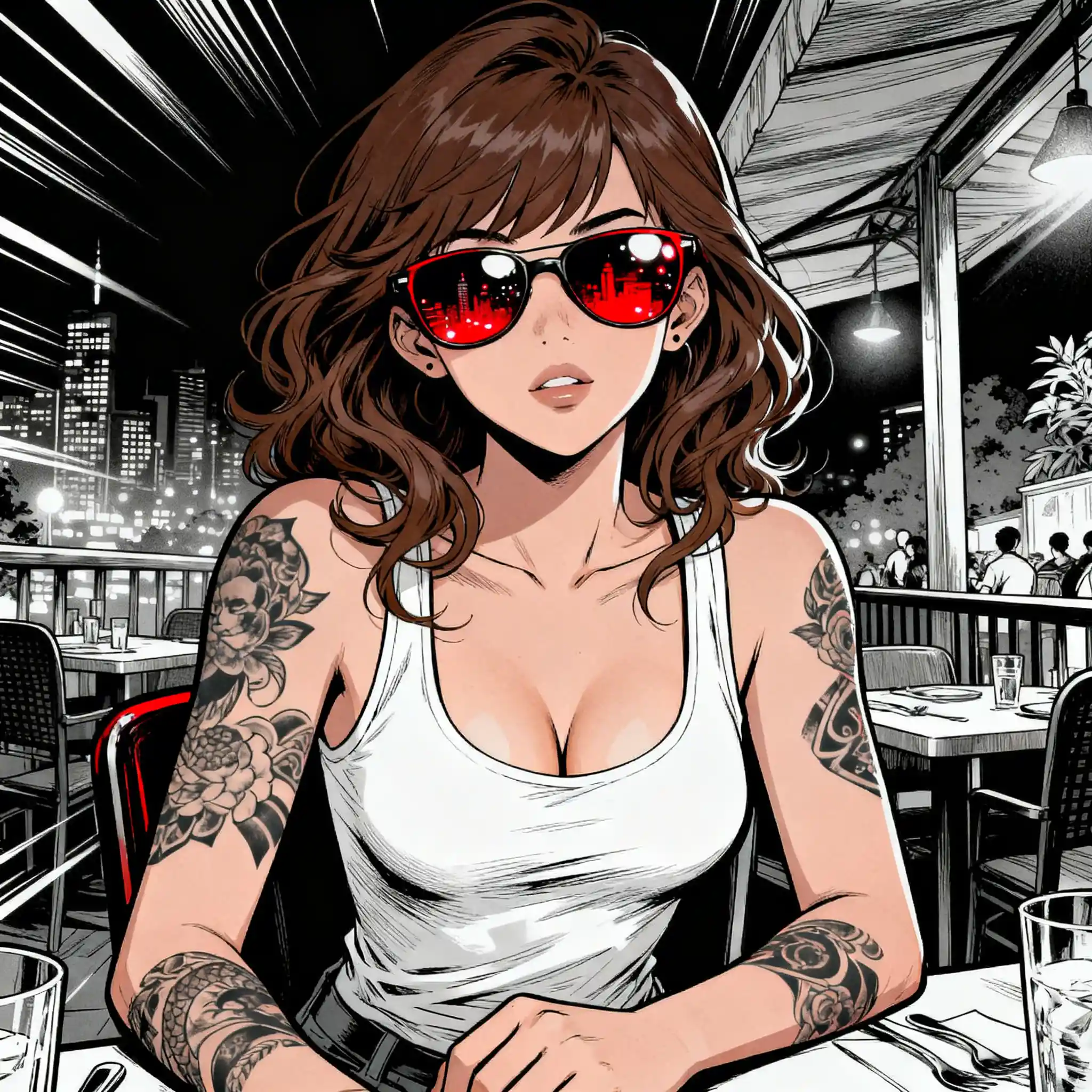 Tattooed girl with sunglasses at night restaurant table