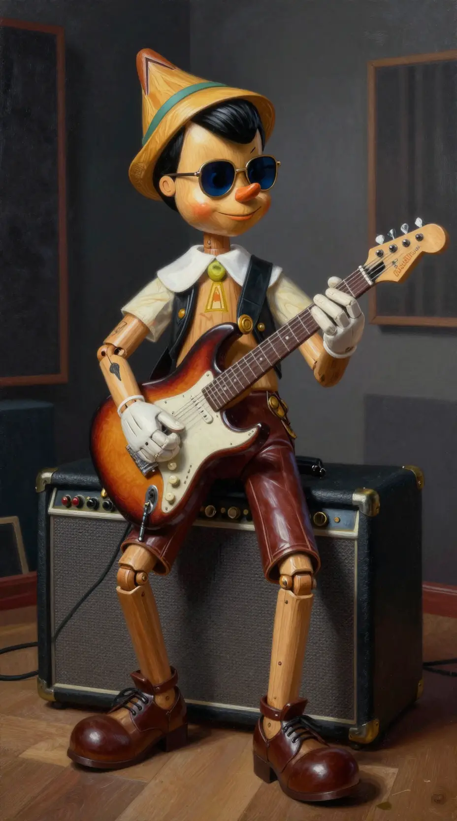 Wooden rocker playing electric guitar in a dim studio