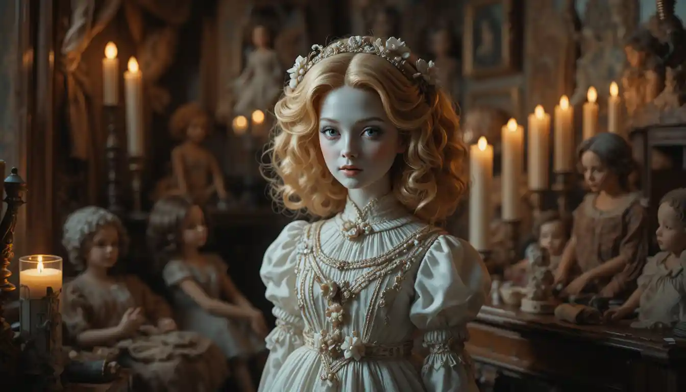 Porcelain doll in candlelit room with vintage toys