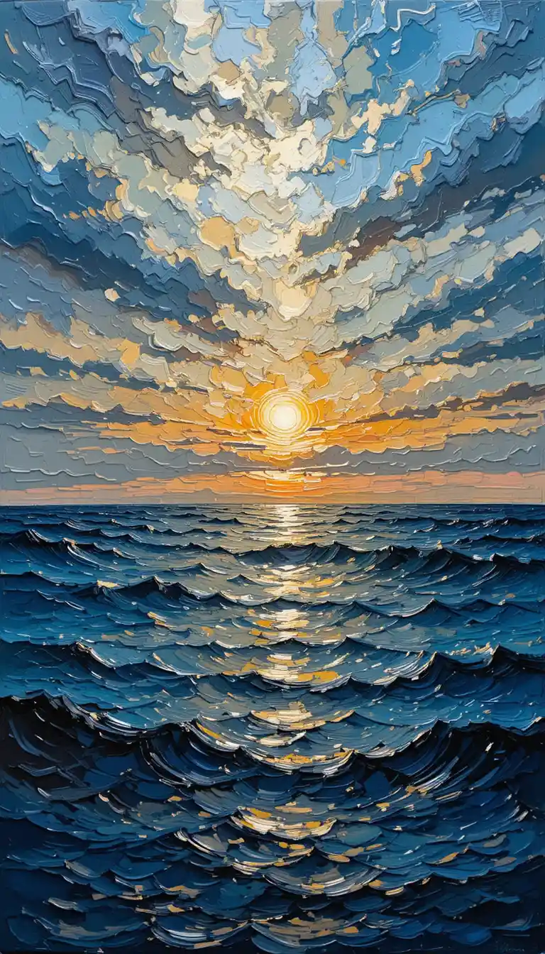 Impasto palette knife painting of a reflective ocean