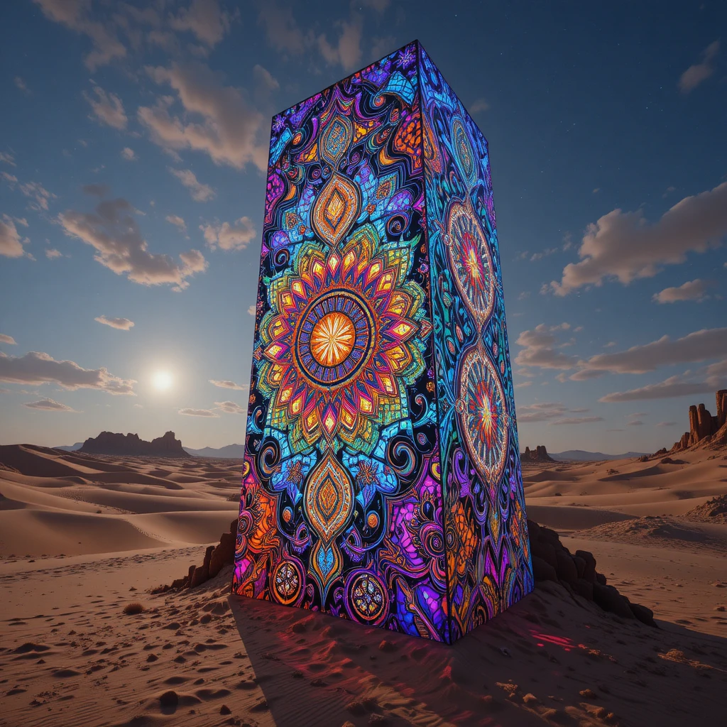Surreal stained glass monolith in the Arizona desert