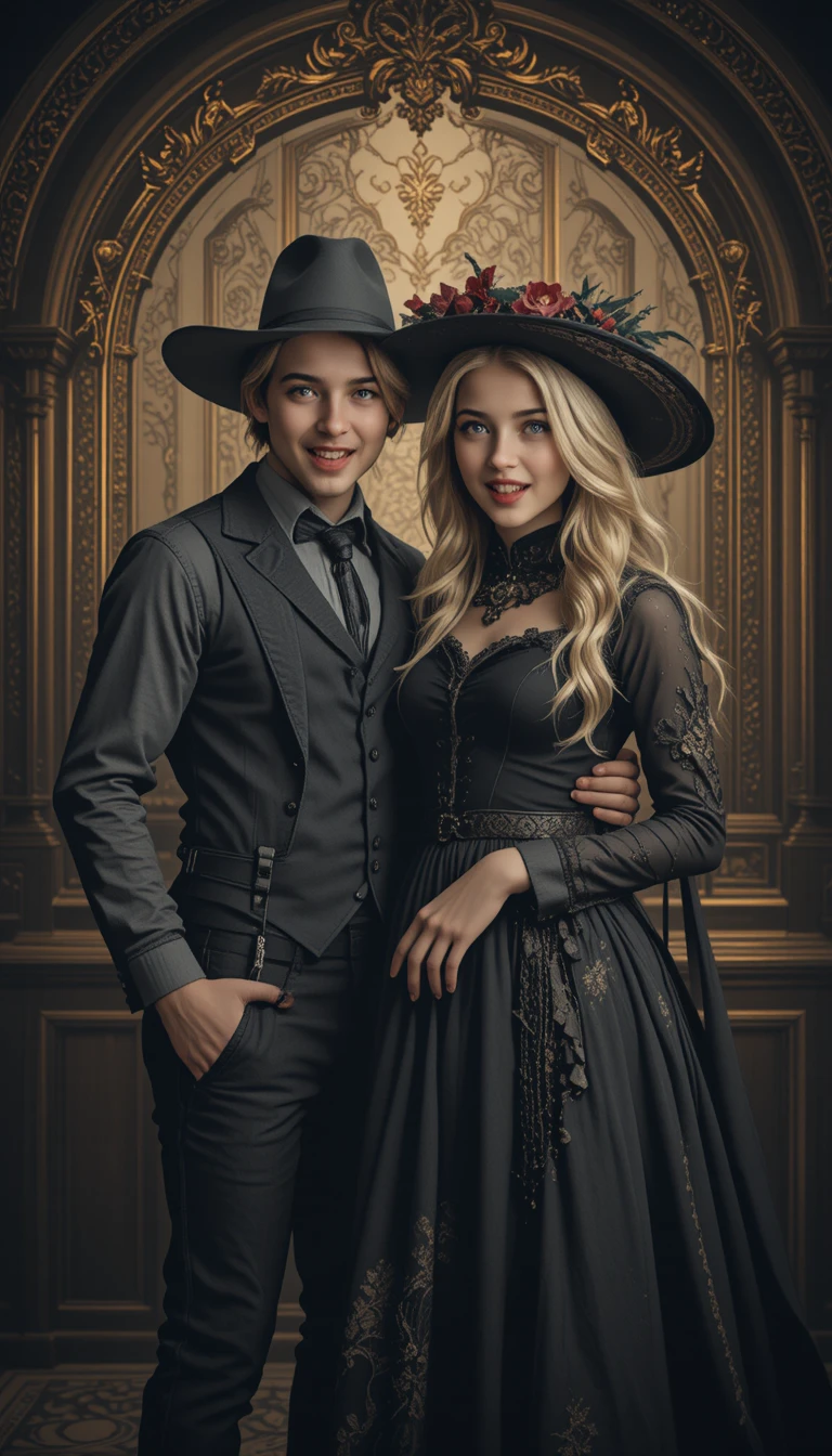 Gothic Farmer Couple In A Surreal Ornate Farmhouse Scene