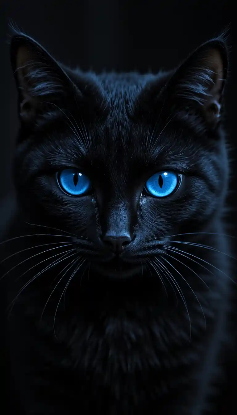 Black cat close up with vivid blue eyes on dark background