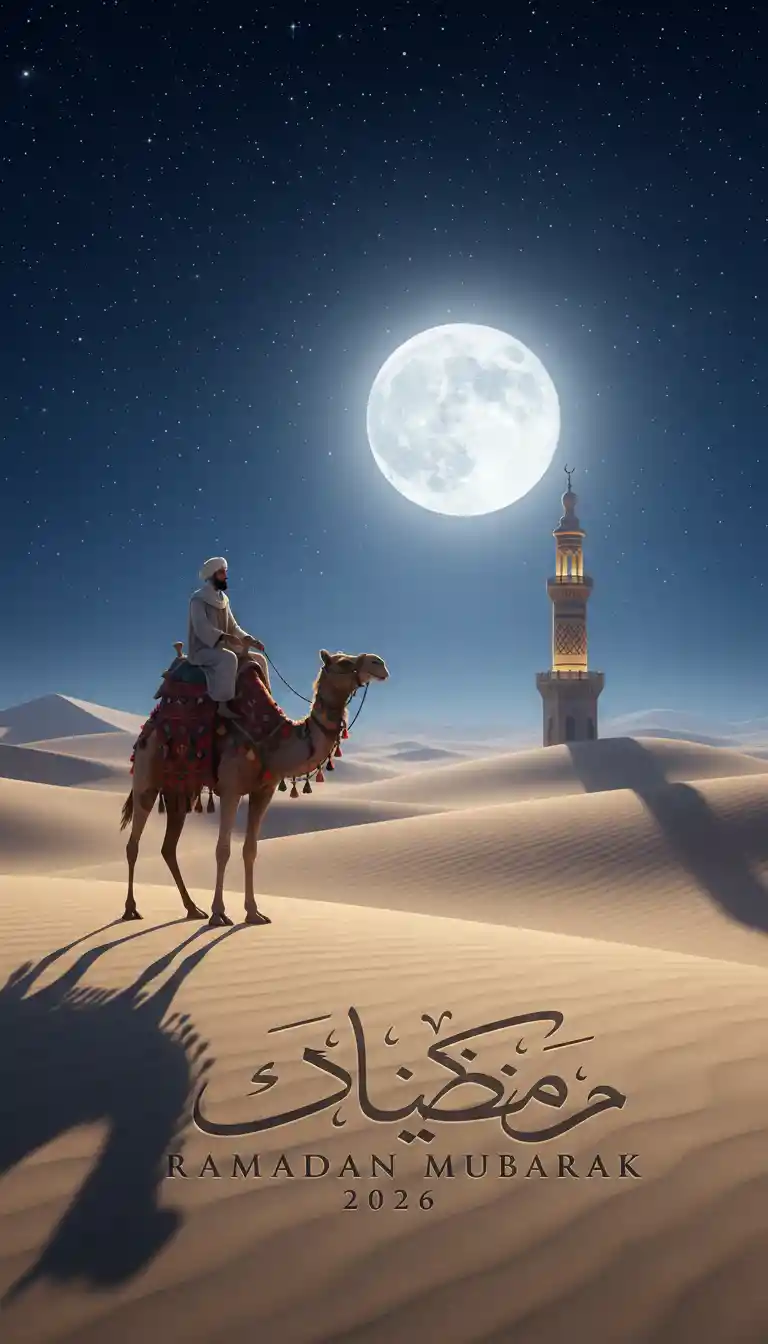 Camel rider crossing desert dunes under a full moon