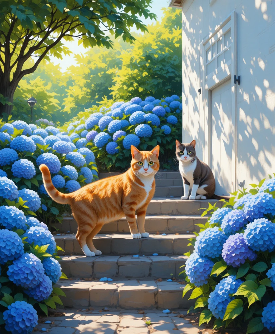 Red tabby cat on garden steps among blue hydrangeas
