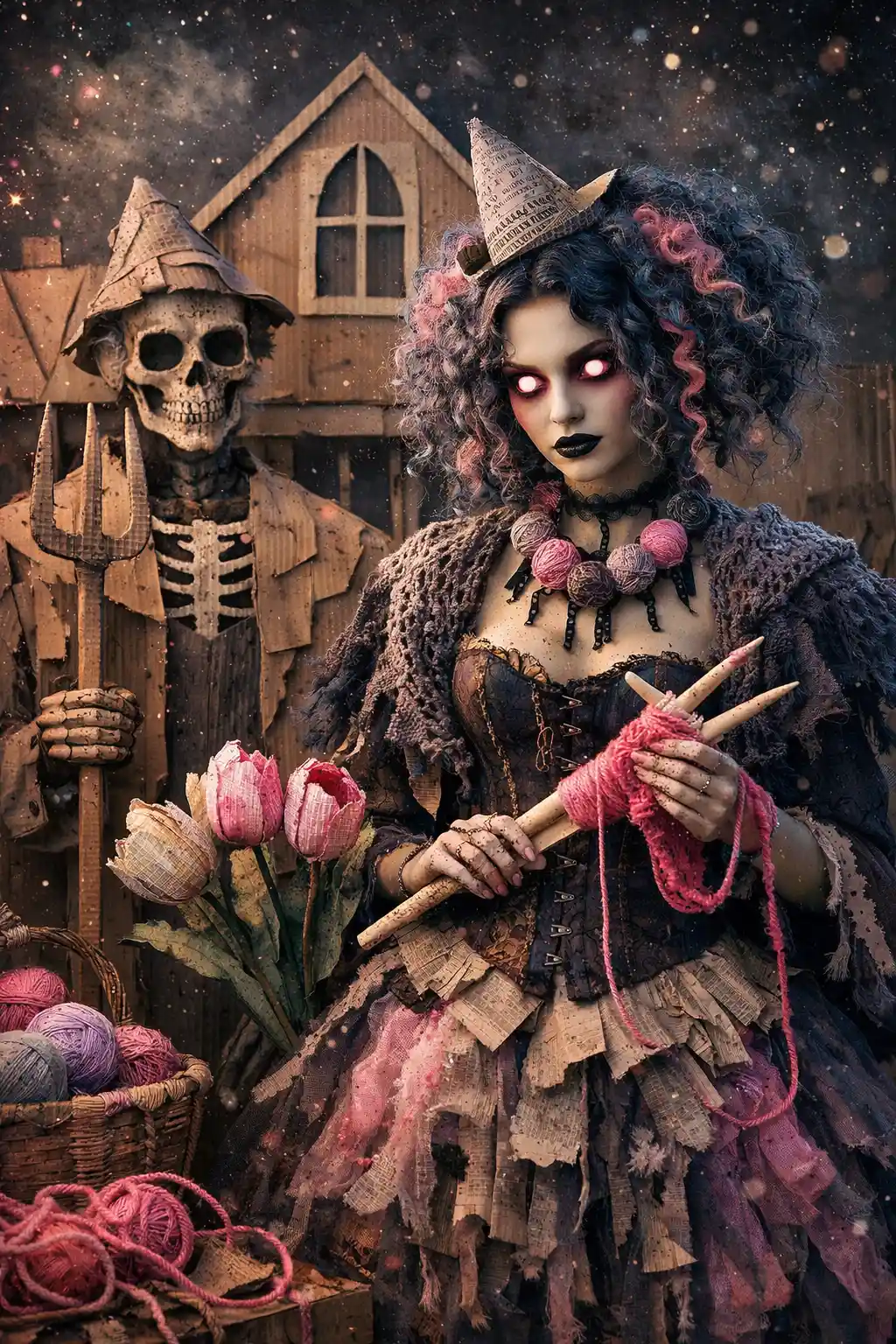 Surreal gothic woman in dark whimsical pastel fashion
