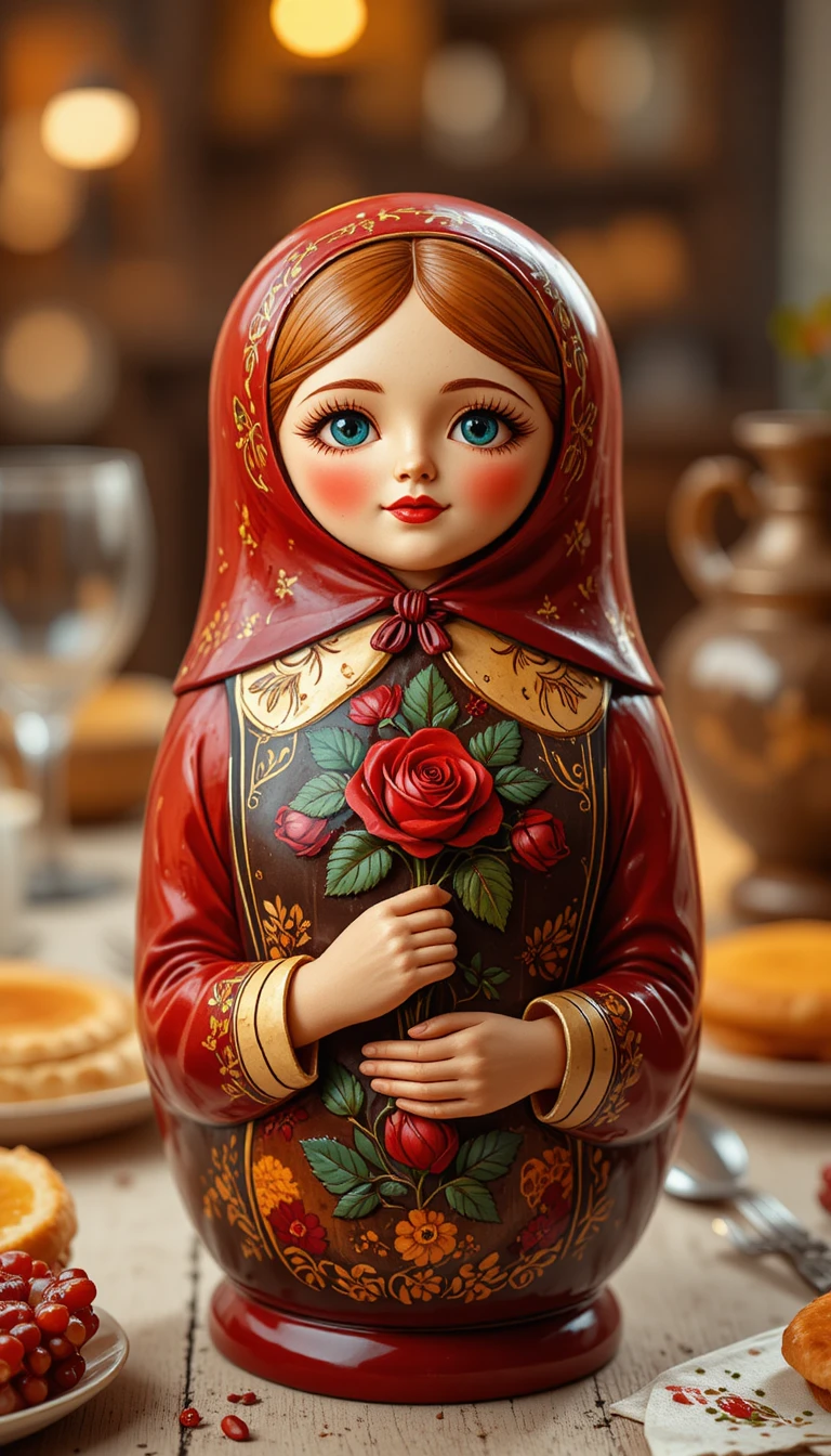 Wooden matryoshka doll with rose in soft cinematic light