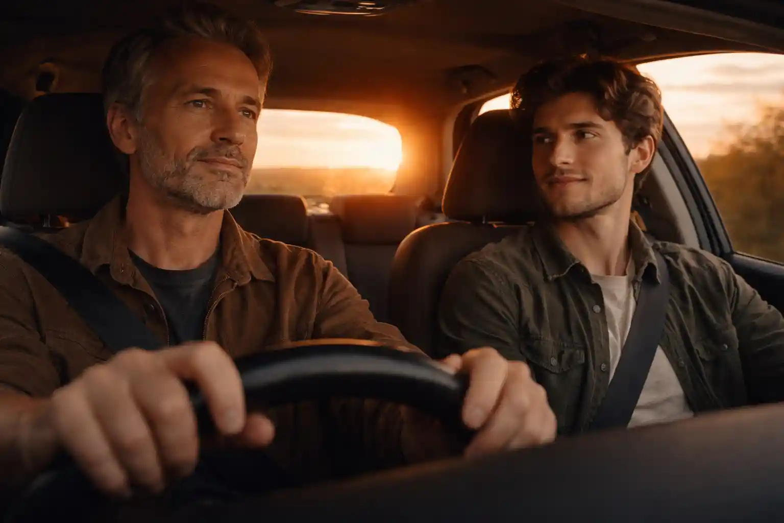 Middle aged driver and younger passenger sharing quiet ride