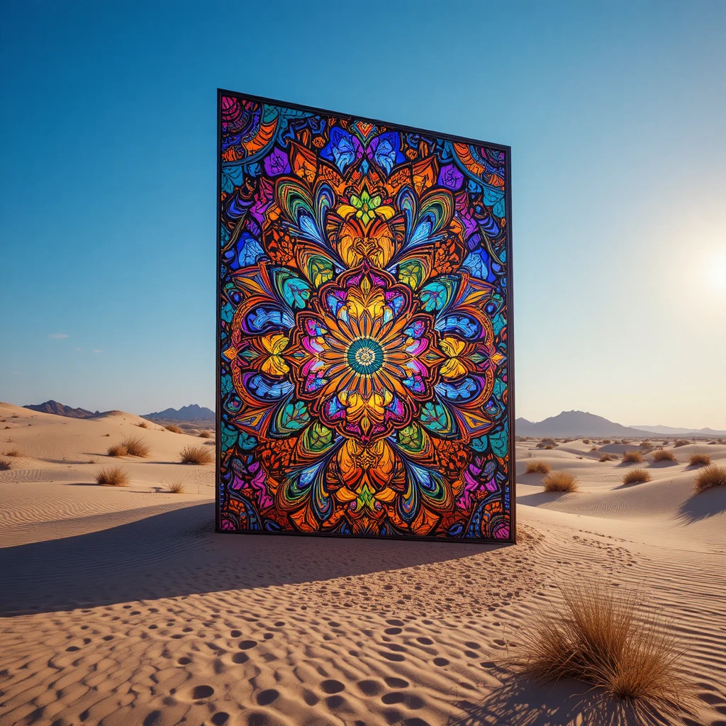 Kaleidoscopic stained glass wall in a bright desert landscape
