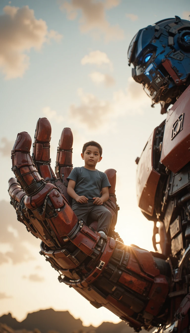 Niño acunado en la mano gigante de un robot al anochecer