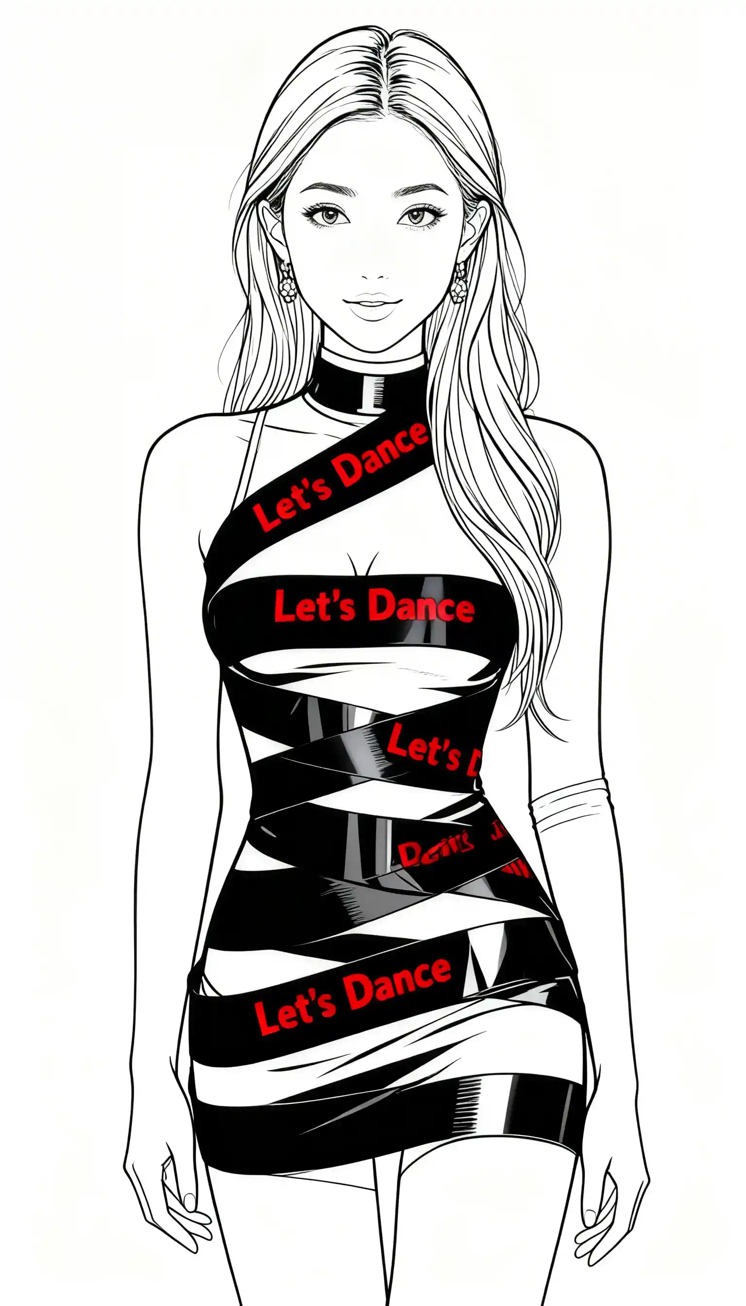 Dynamic woman wrapped in bold black tape minidress