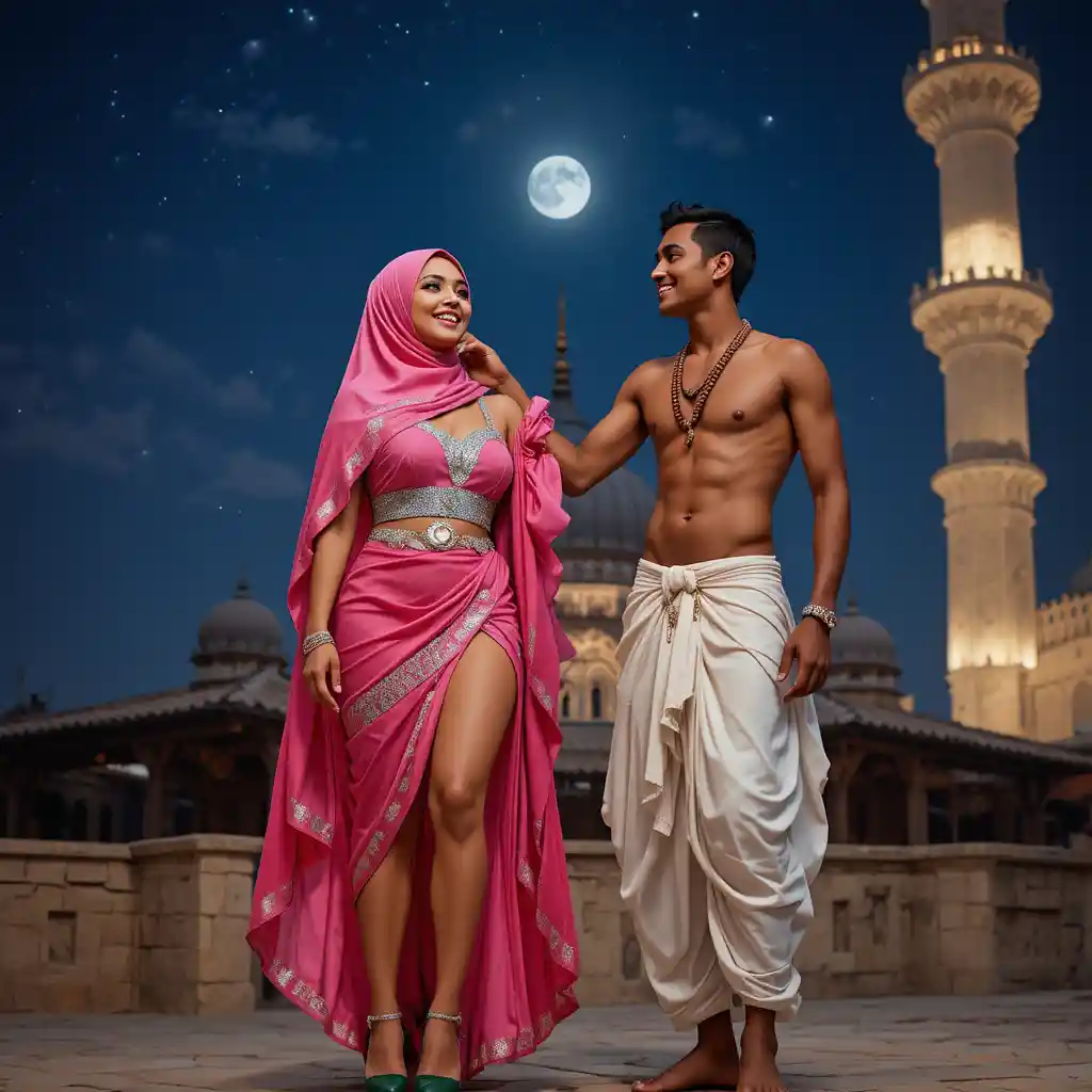 Casal feliz no terraço da mesquita sob a lua da noite