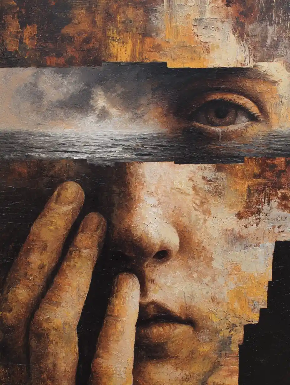 Dark expressive painting with layered psychological emotion