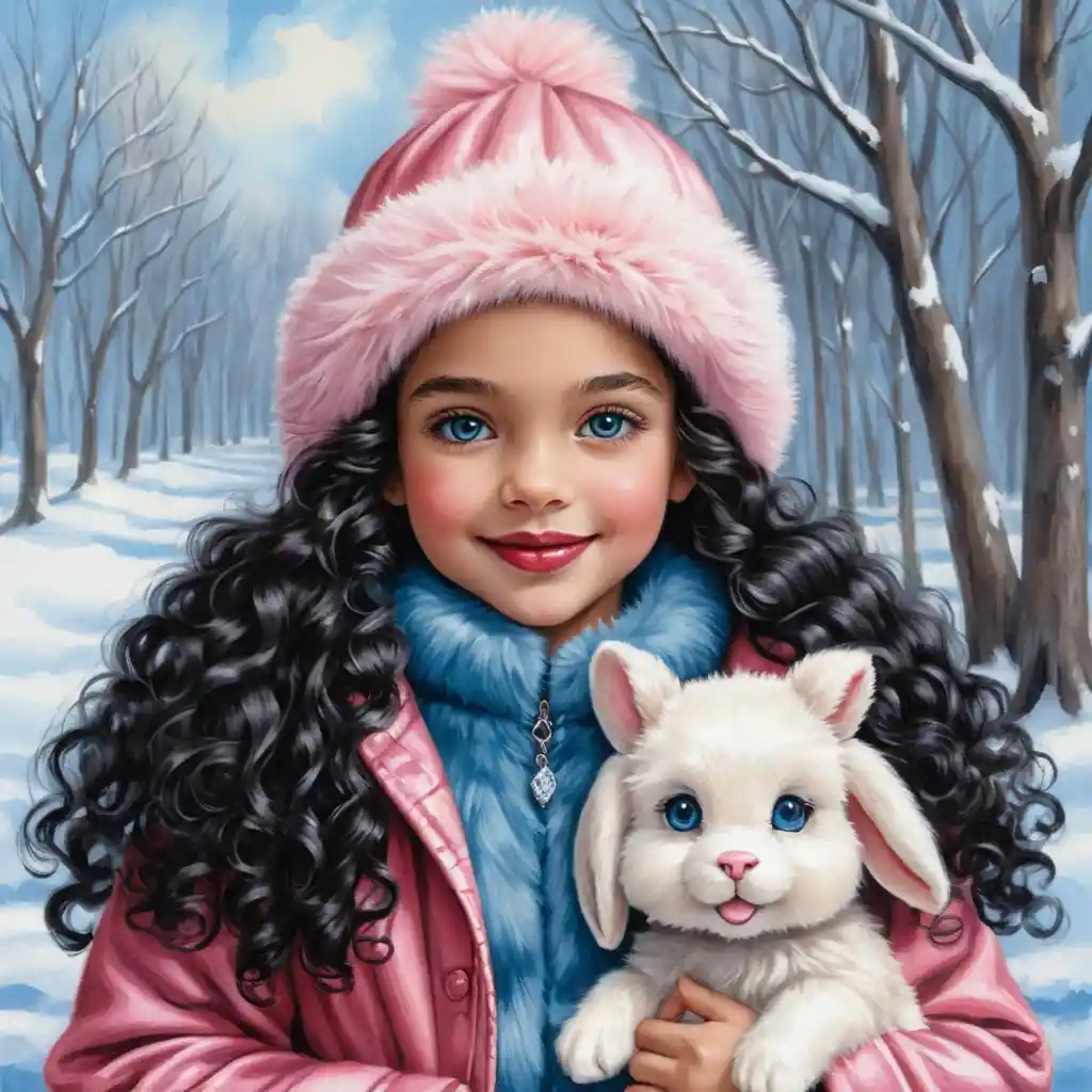Smiling winter girl in pink fur hat with puppy