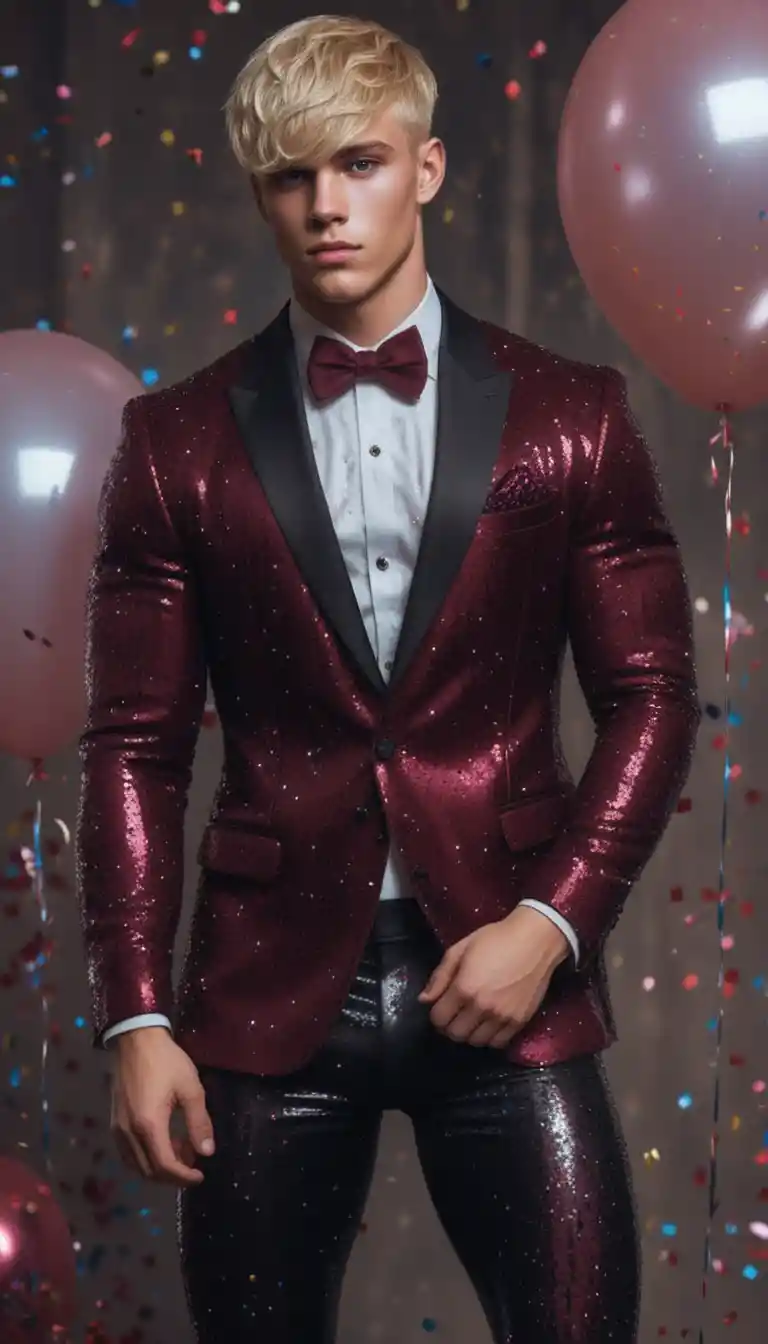 Young blonde man in sequined suit at party