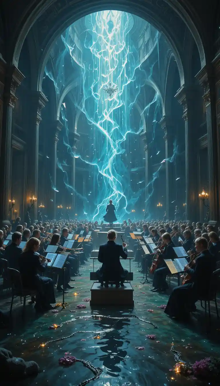 Spectral orchestra playing in the ruins of a sunken city