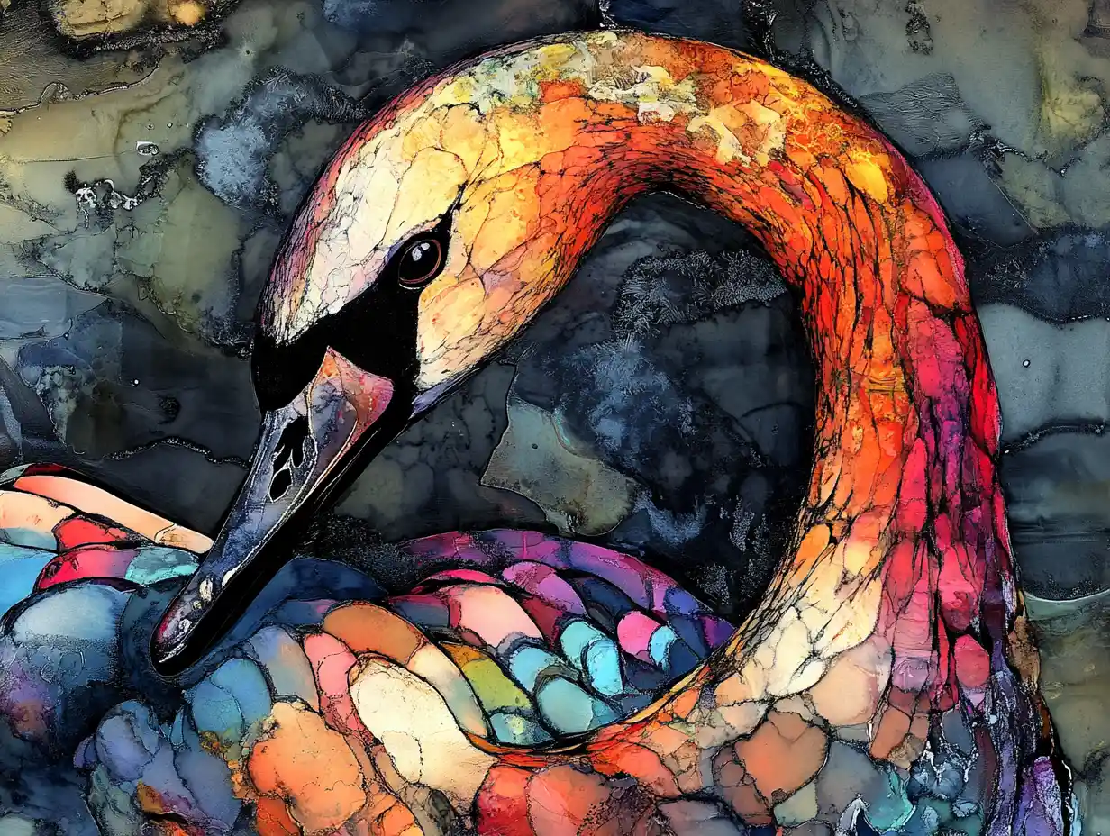 Abstract swan in dramatic black ink and vivid color