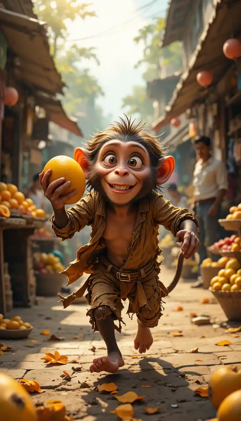 Mischievous Monkey Running From Colorful Indian Street Market