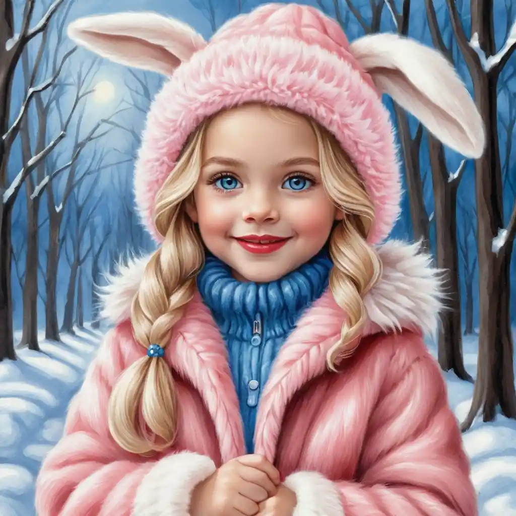 Smiling winter girl in pink fur hat with puppy