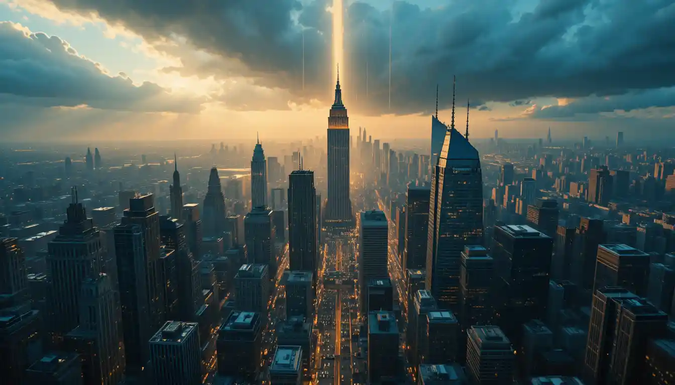 Epic high angle cityscape with glowing golden light veins