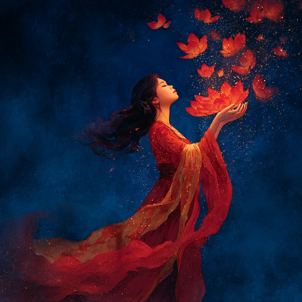 Celestial Chinese Woman Summoning Red And Gold Lotus Magic
