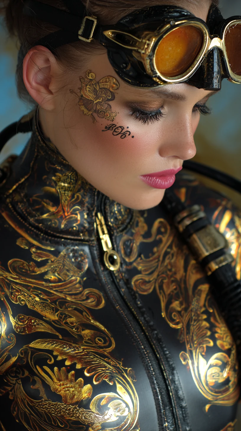 Glamorous scuba woman in ornate gold dive gear underwater