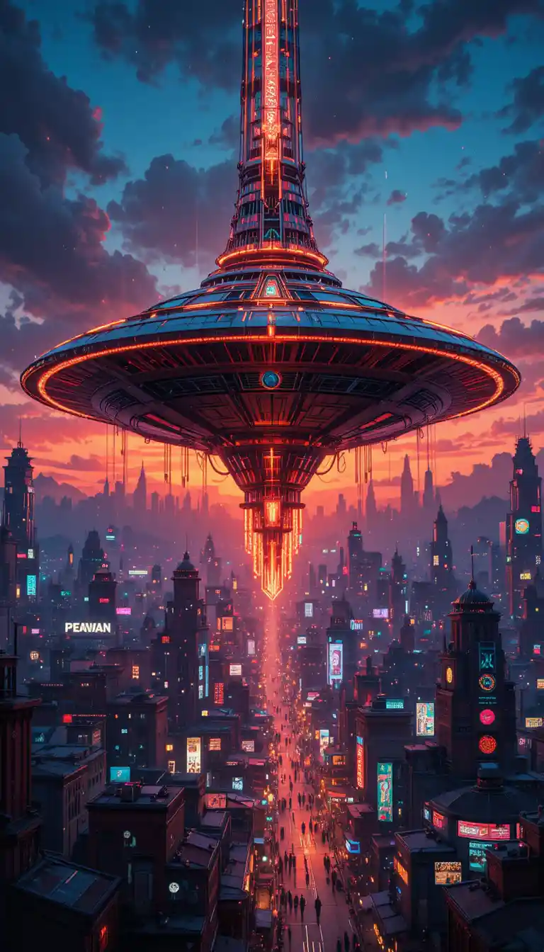 UFO cibernético futurista sobre um festivo cenário urbano em neon