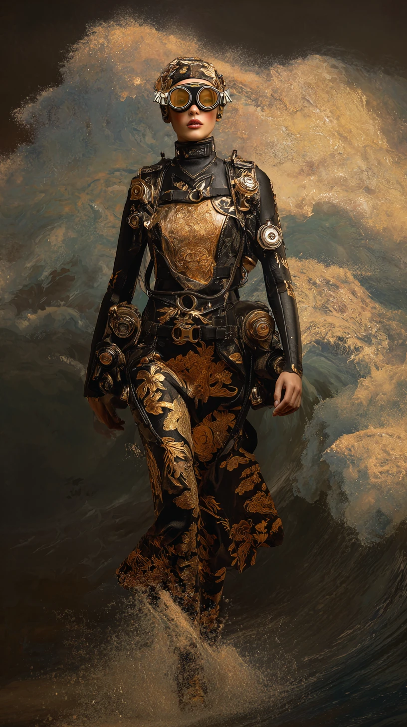Glamorous scuba fashion woman walking across dark ocean waves