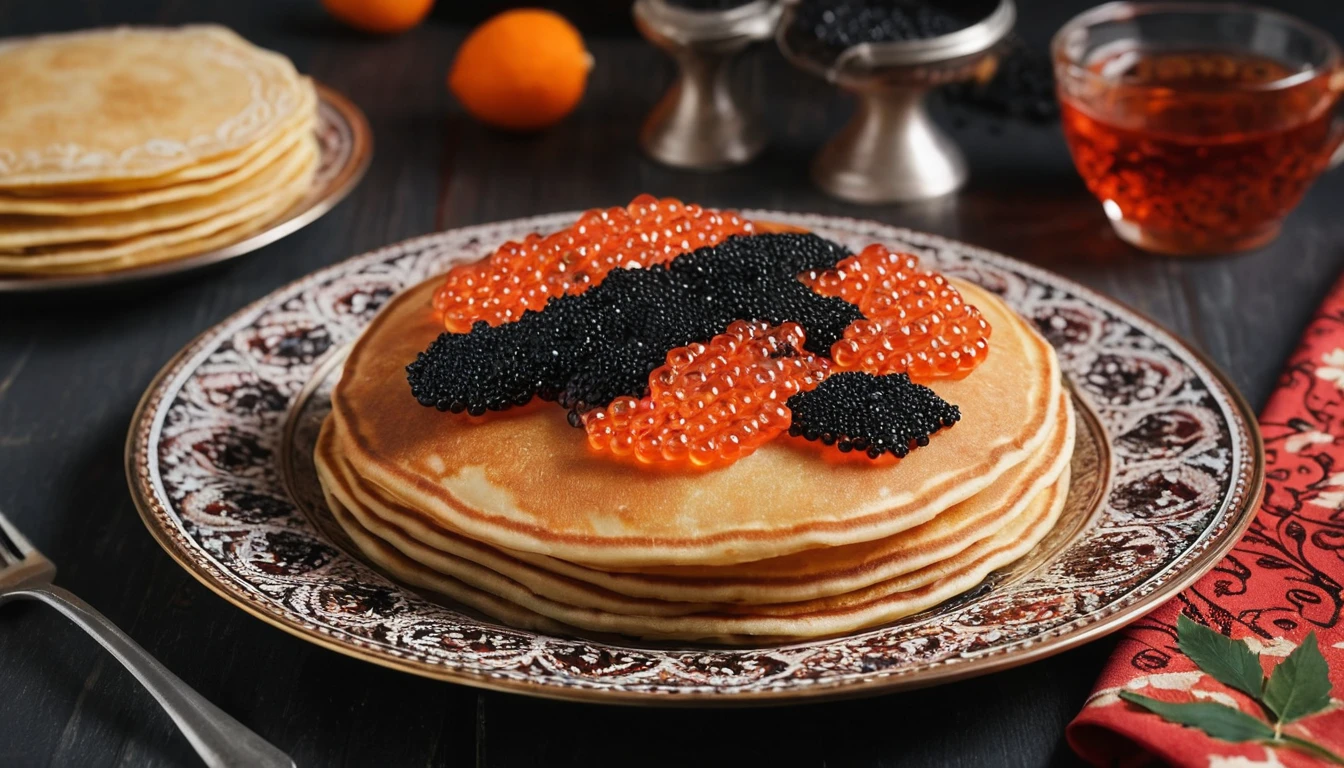 Caviar rojo y negro servido con panqueques en un plato