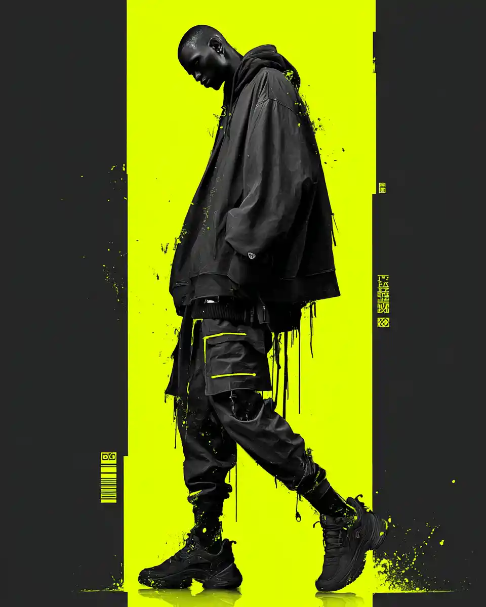 Bold human silhouette with neon yellow urban accents