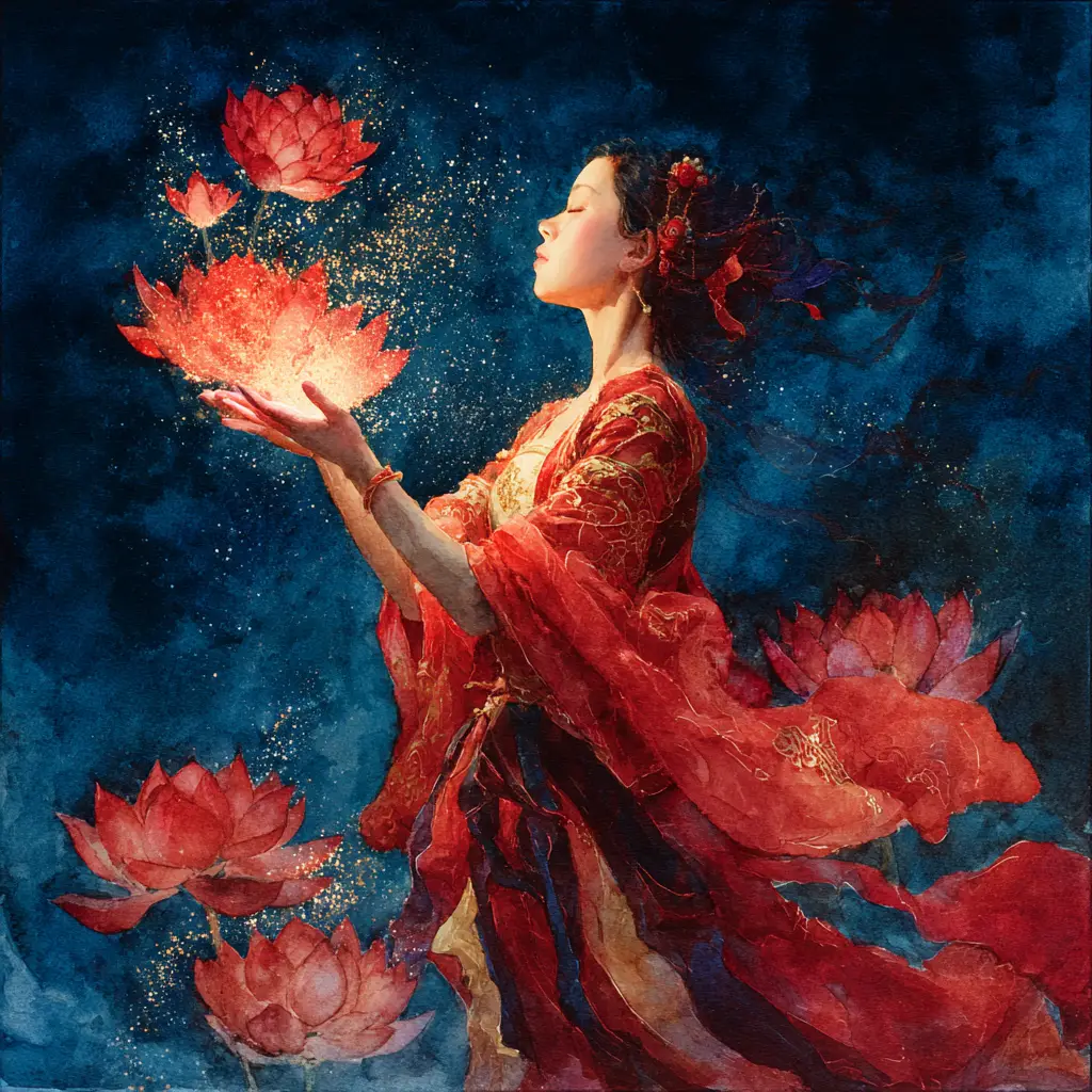 Celestial woman conjuring red and gold lotus blossoms